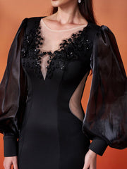 Black Embroidery Floor Length Puff Sleeve Dress