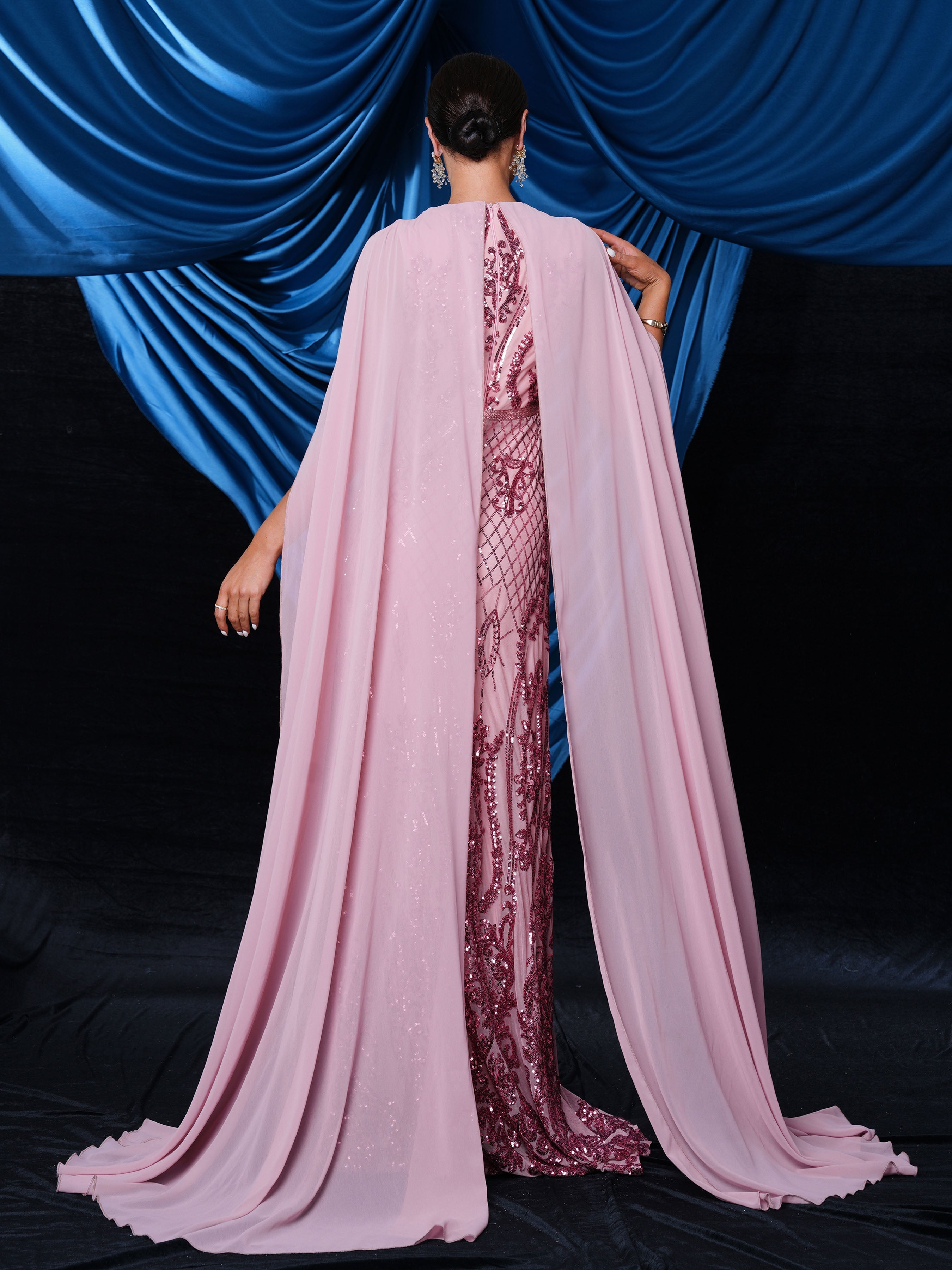 Metallic Embellished Collar Cape Sleeve Dress