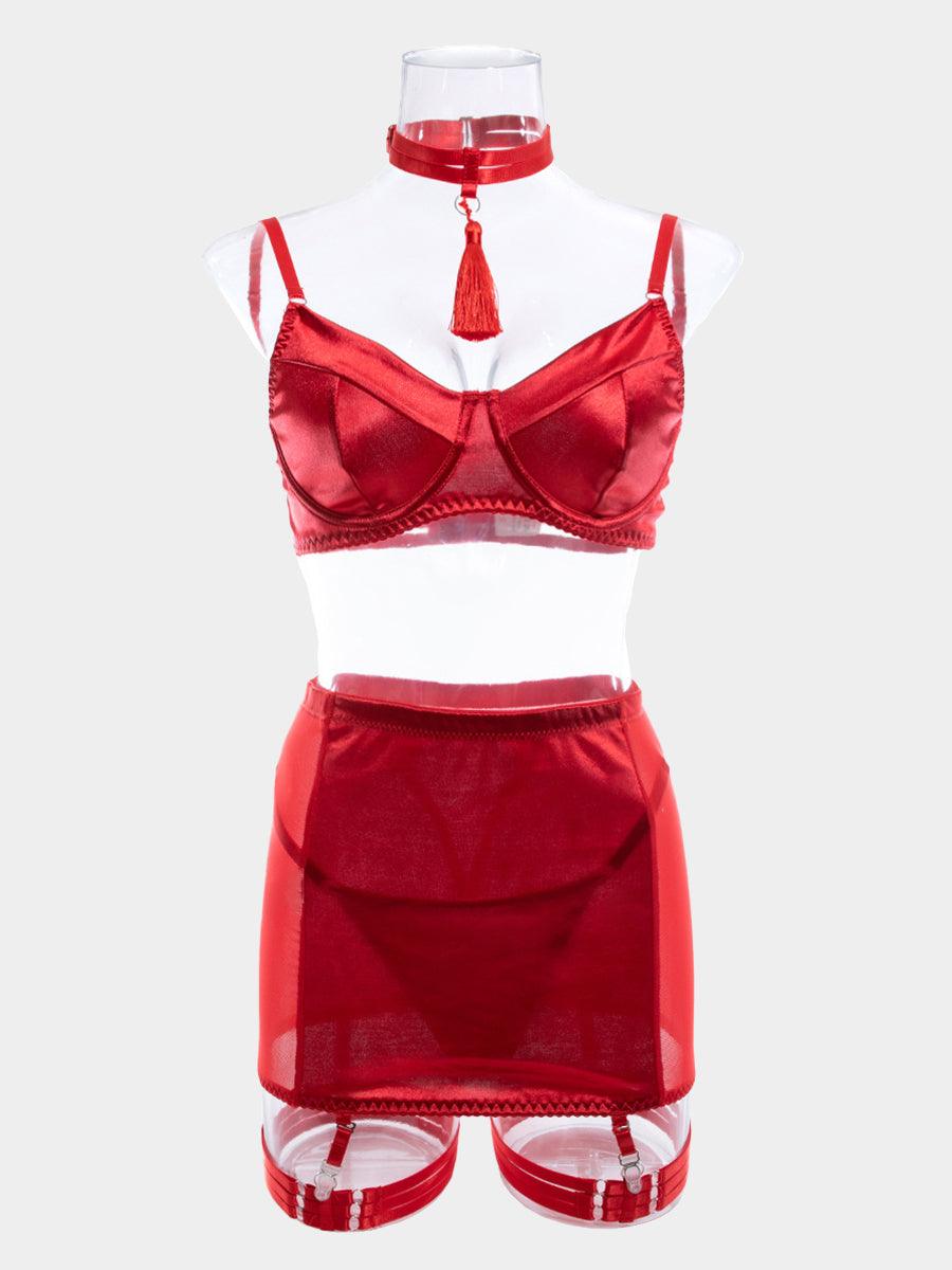 Satin Tassel Sexy Lingerie 4 Piece Set