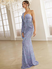 Sweetheart One Shoulder Off Purple Sequin Prom Dress