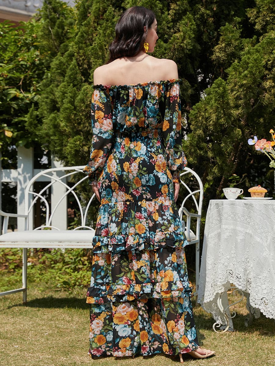 Ruffled Green Printed Casual Chiffon Dress