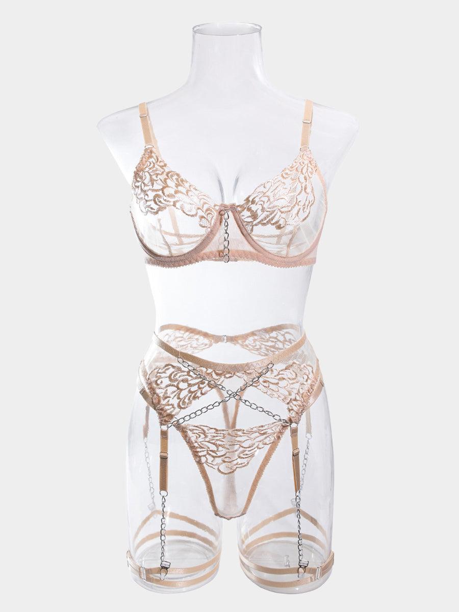 Metal Chain Embroidered Sexy Lingerie 4 Piece Set