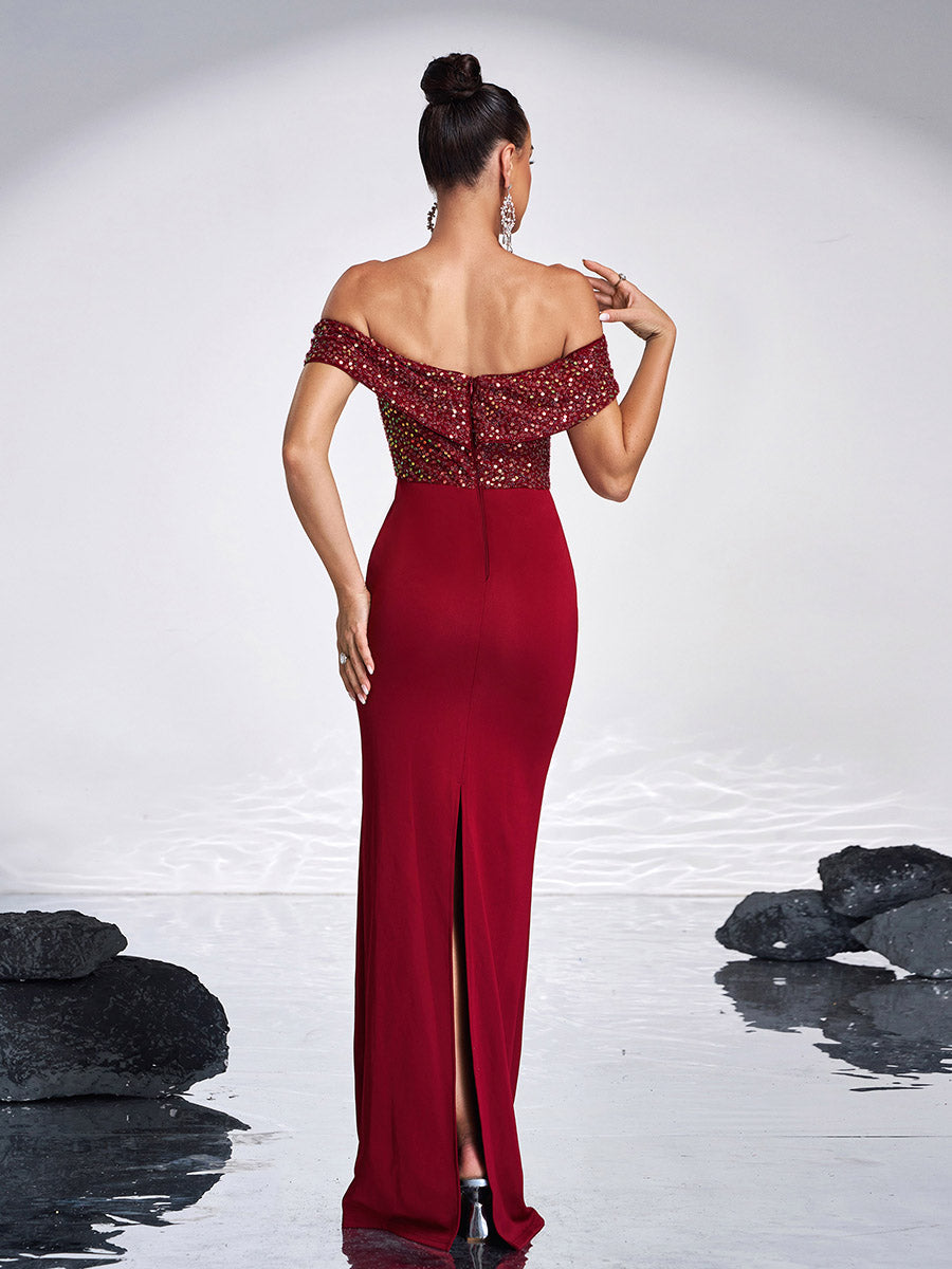 Off Shoulder Sequins Panel Black Evening Dress