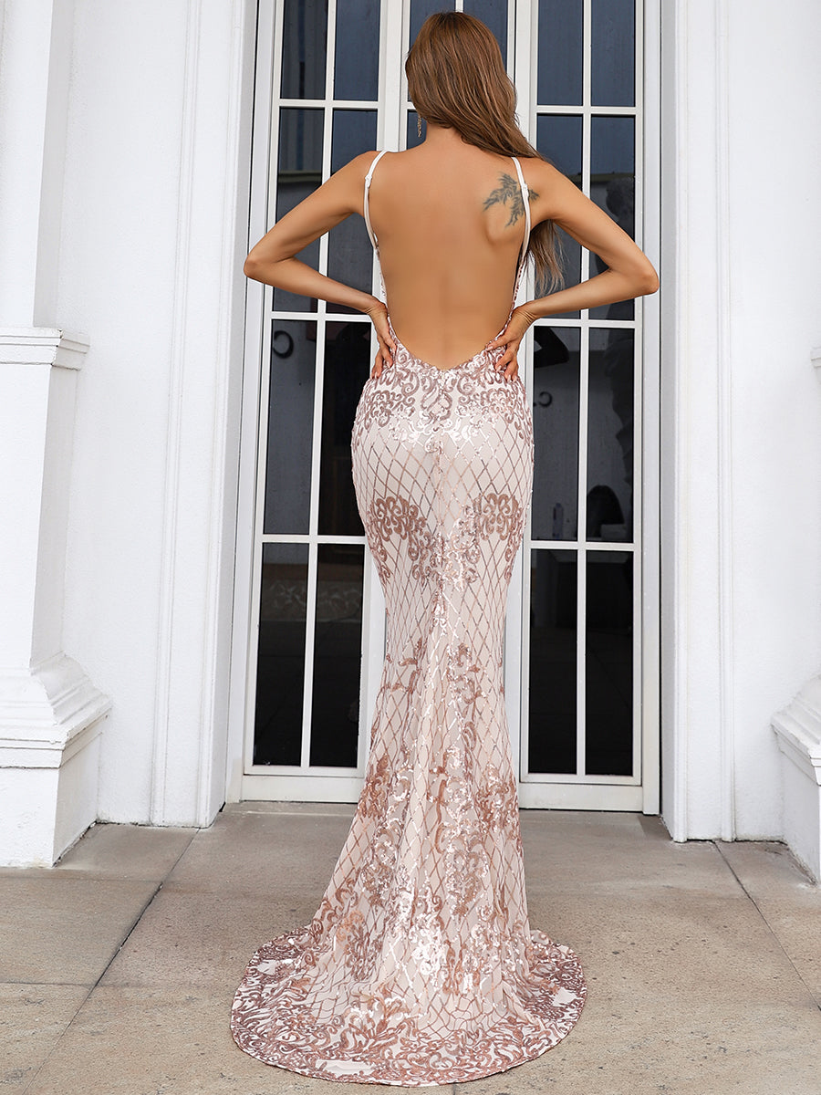 Champagne Sequin Backless Luxury Evening Dress