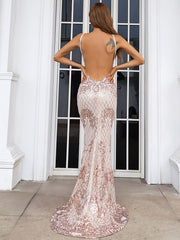 Champagne Sequin Backless Luxury Evening Dress
