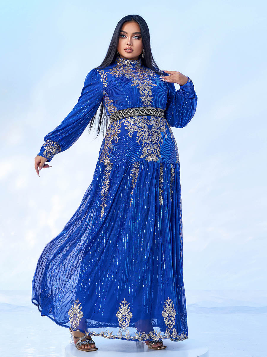 Plus Stand Collar Sequin A-line Dress