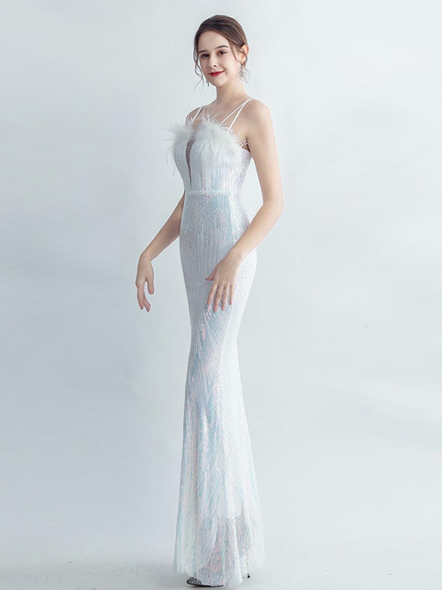 Spaghetti Straps Feather Gradient Sequin Dress