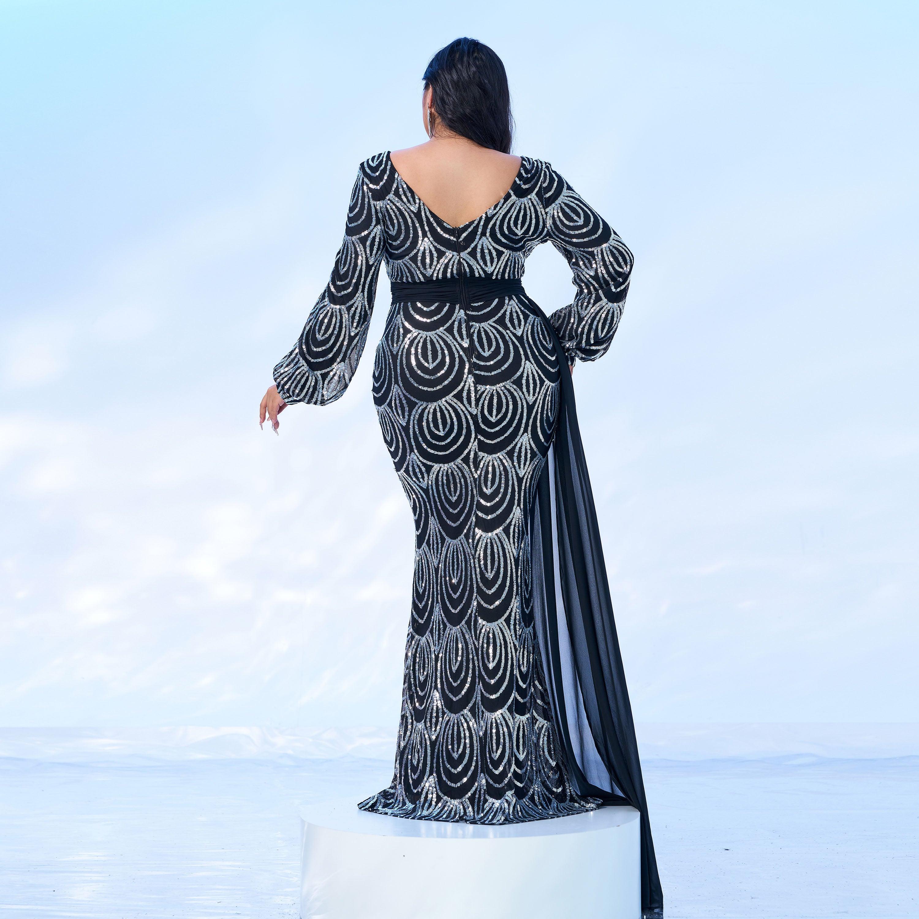 Plus V-Neck Long Sleeve Prom Dress