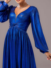 Blue V-neck Long Sleeve A-line Prom Dress