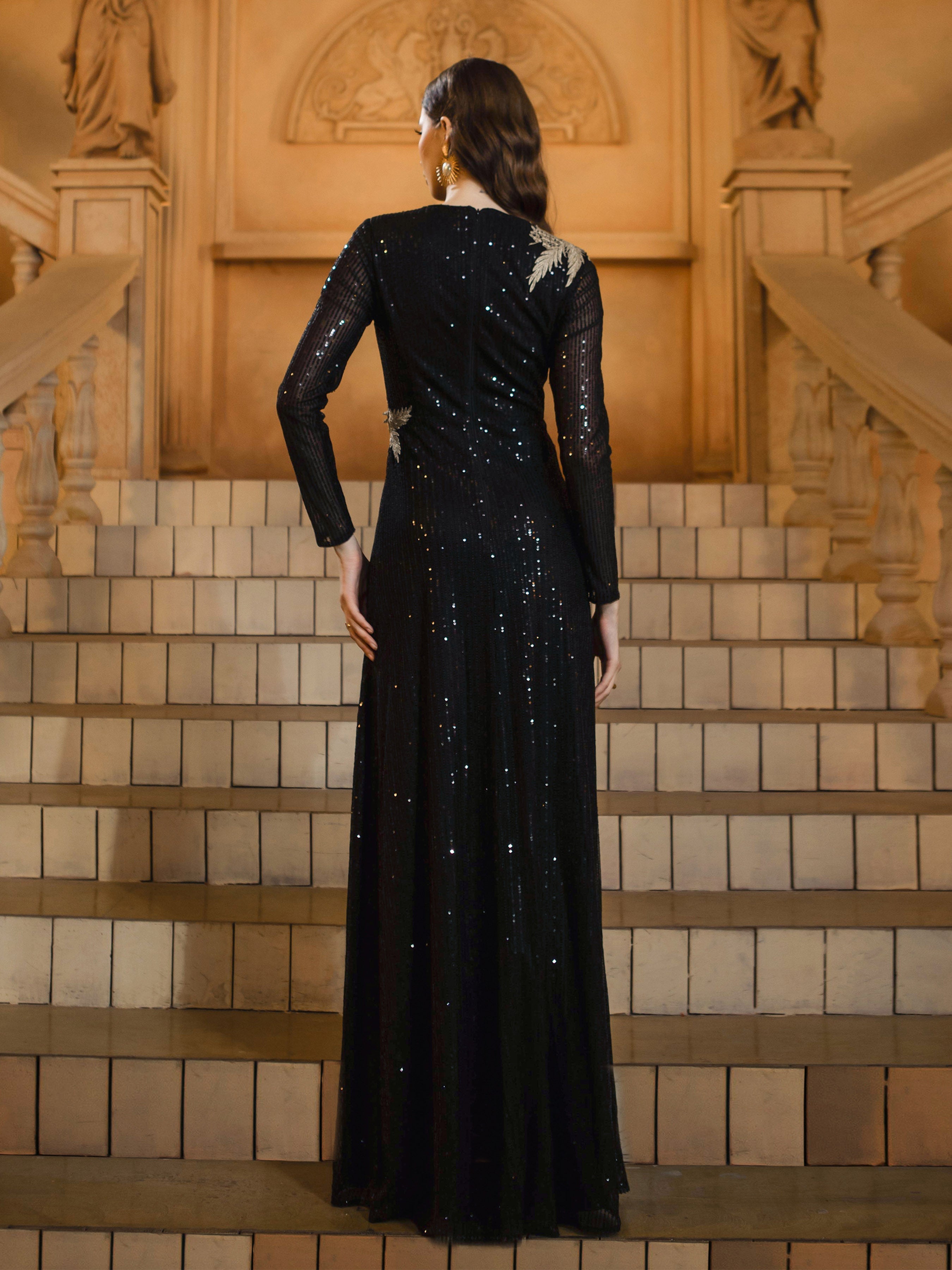Black Leaf Sequin Long Sleeve Prom Dress