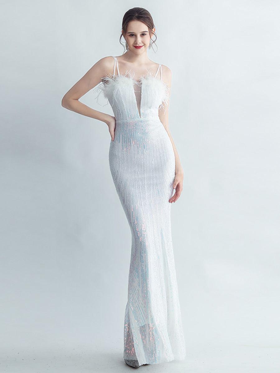Spaghetti Straps Feather Gradient Sequin Dress