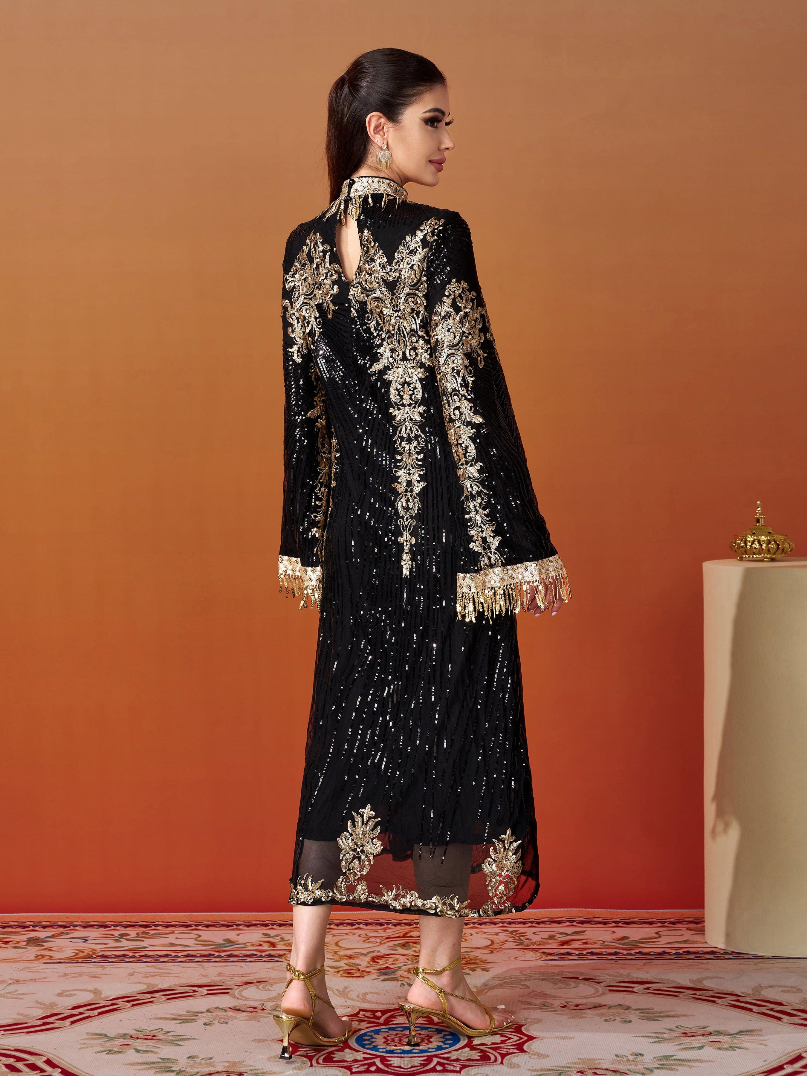 Stand Collar Bell Sleeve Sequin Dress