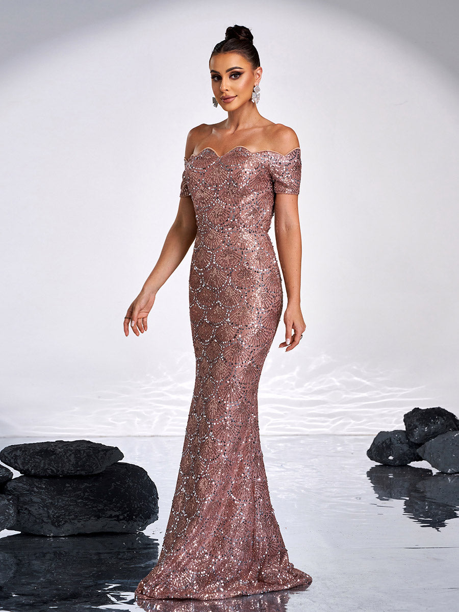 Ruffle Neck Black Sequin Evening Dress