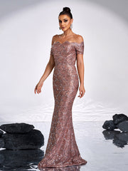 Ruffle Neck Black Sequin Evening Dress