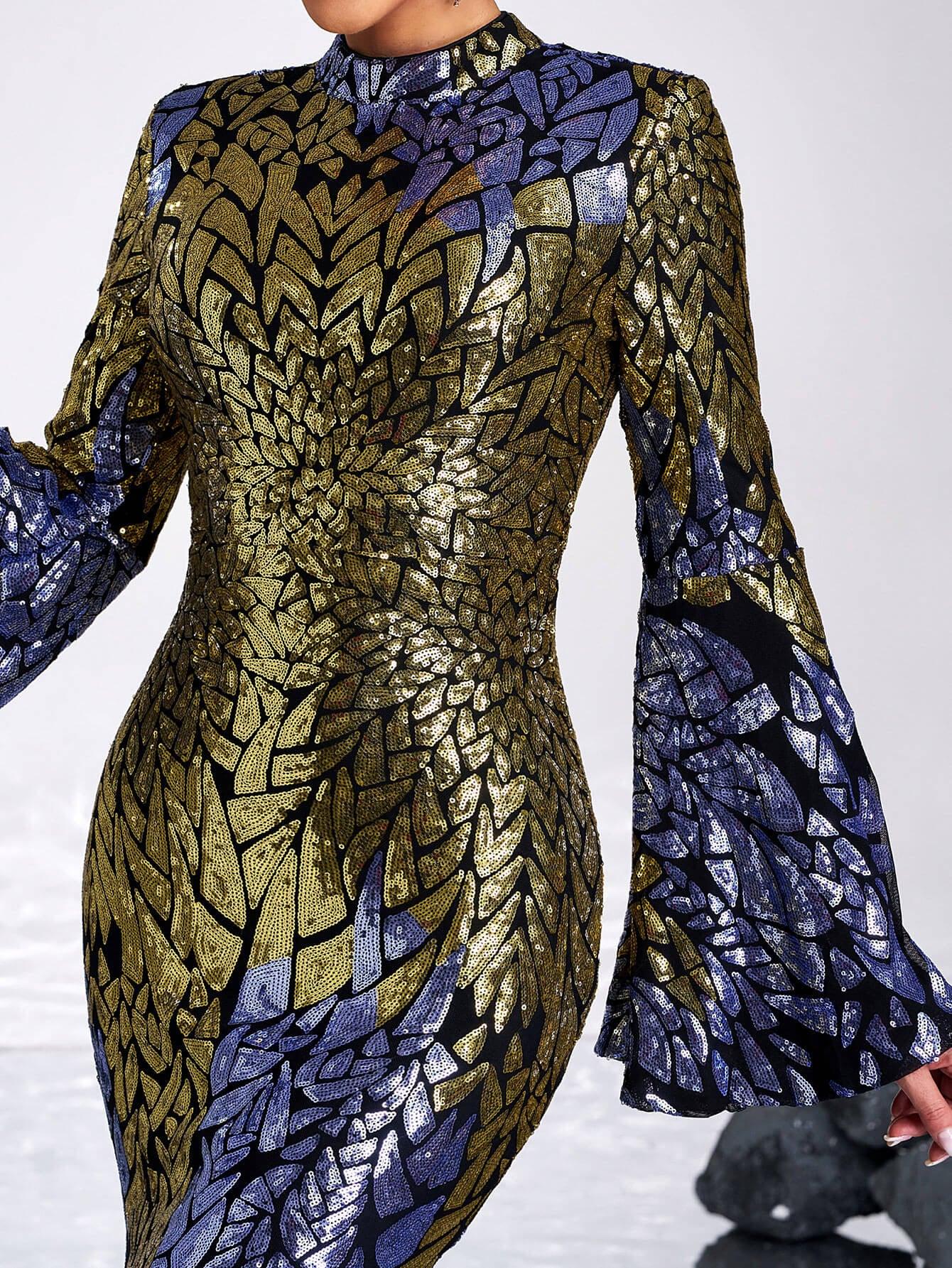 Backless Bell Sleeve Sequin Formal Dress