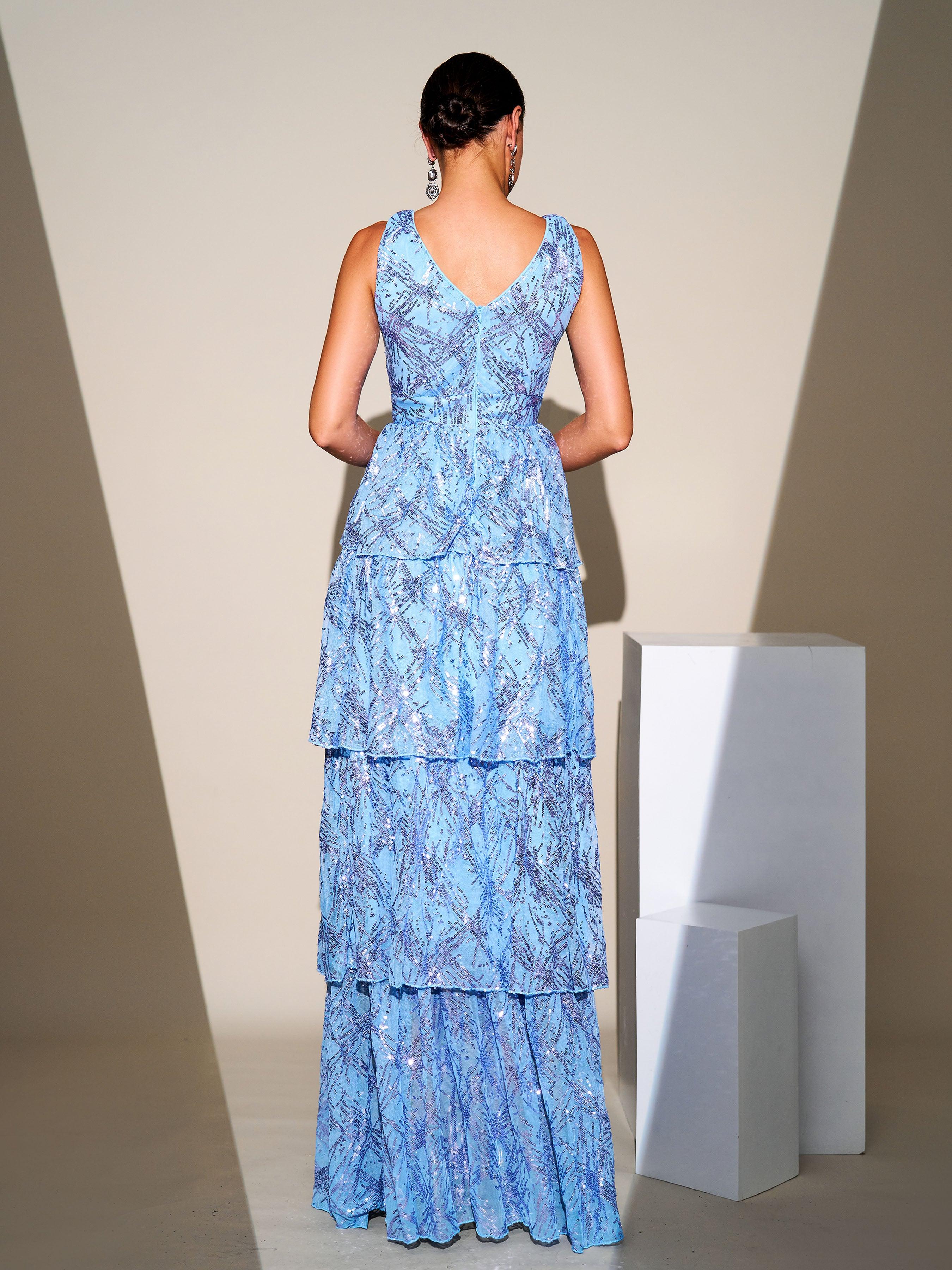 V-neck Sleeveless Sequin Layered Hem Dress