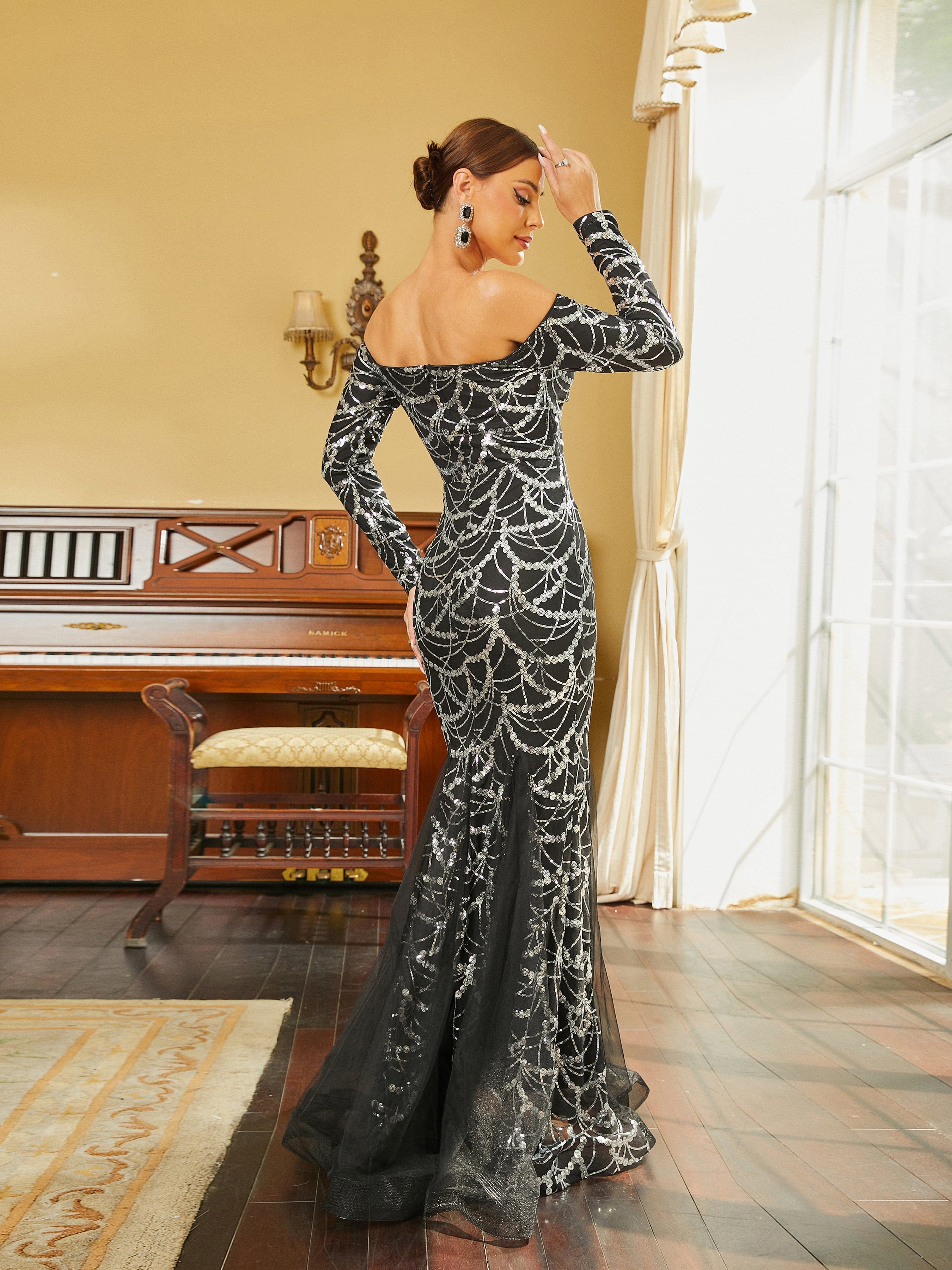 Off Shoulder Long Sleeve Mermaid Hem Sequin Wedding Dress