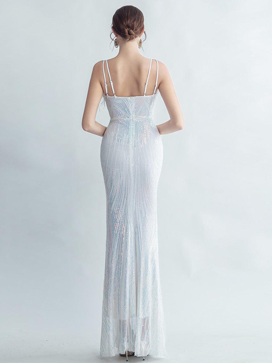 Spaghetti Straps Feather Gradient Sequin Dress