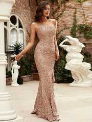 Spaghetti Strap Ruffled Gold Sequin Prom Dress