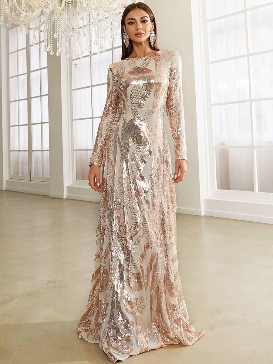 Long Sleeve Sequin Apricot Formal Dress
