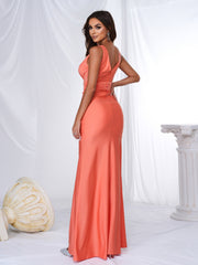V-neck Ruffled Orange Maxi Dress