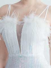 Spaghetti Straps Feather Gradient Sequin Dress