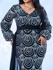 Plus V-Neck Long Sleeve Prom Dress