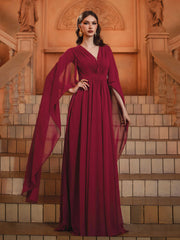 Wine Cape Sleeve V-neck Prom Dress