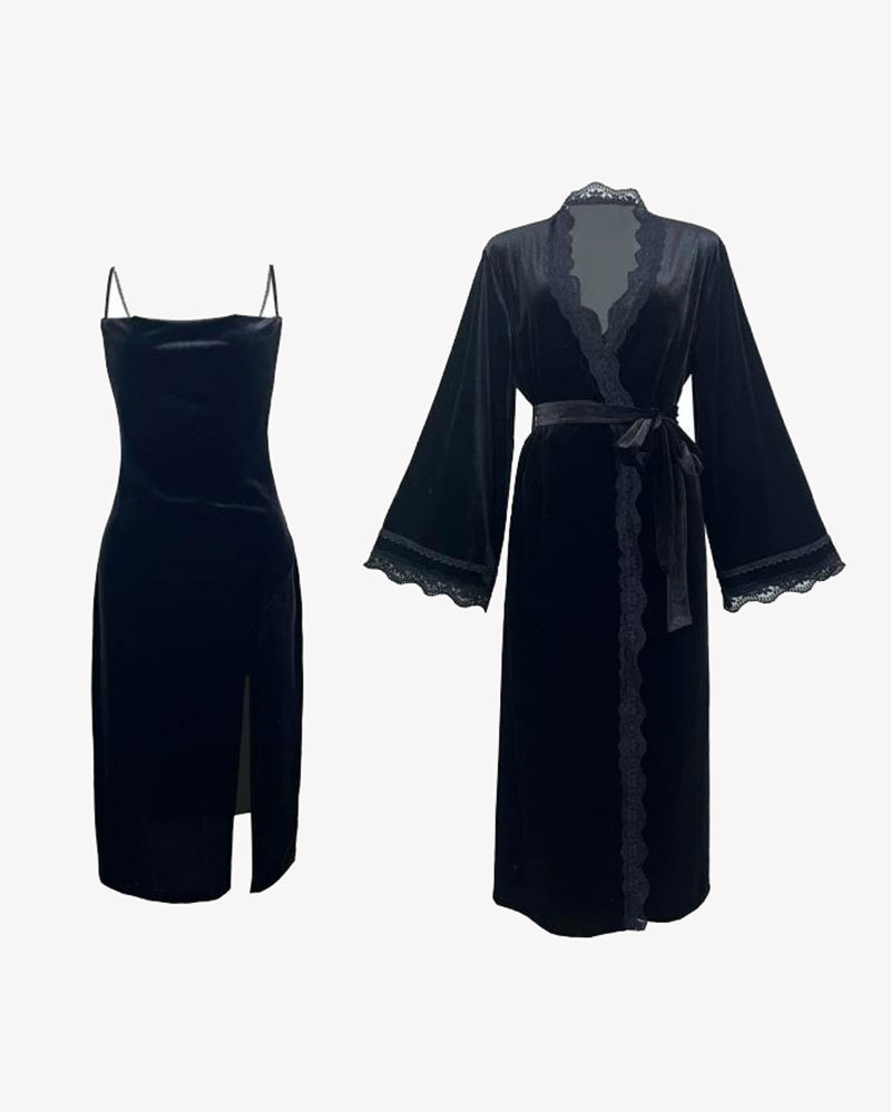 Deep V Neck Side Slit Velvet Dress Set