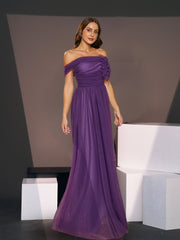 Off Shoulder Pleated A-Line Purple Tulle Bridesmaid Dress