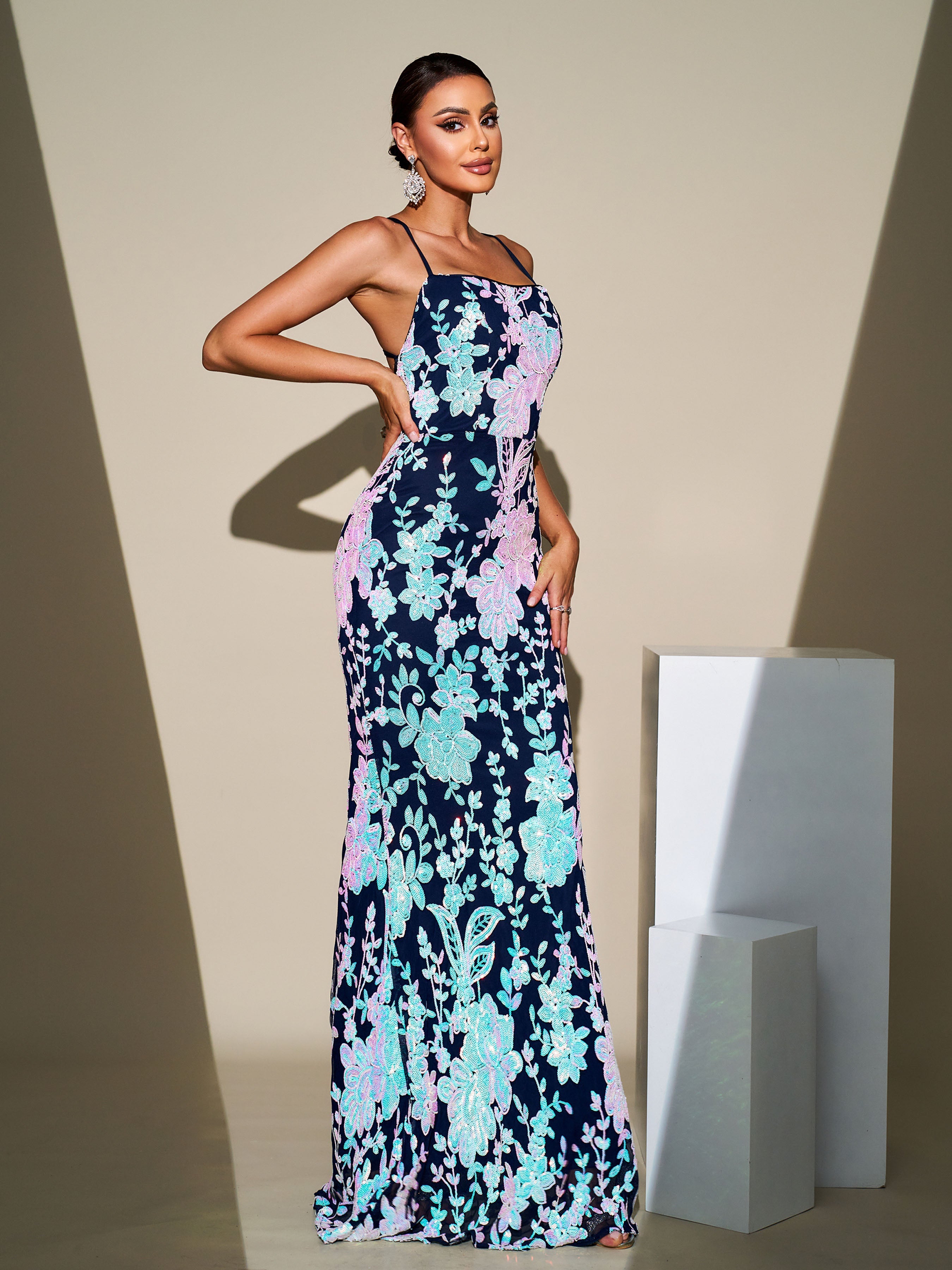 Open Back Lace-up Floral Sequin Dress