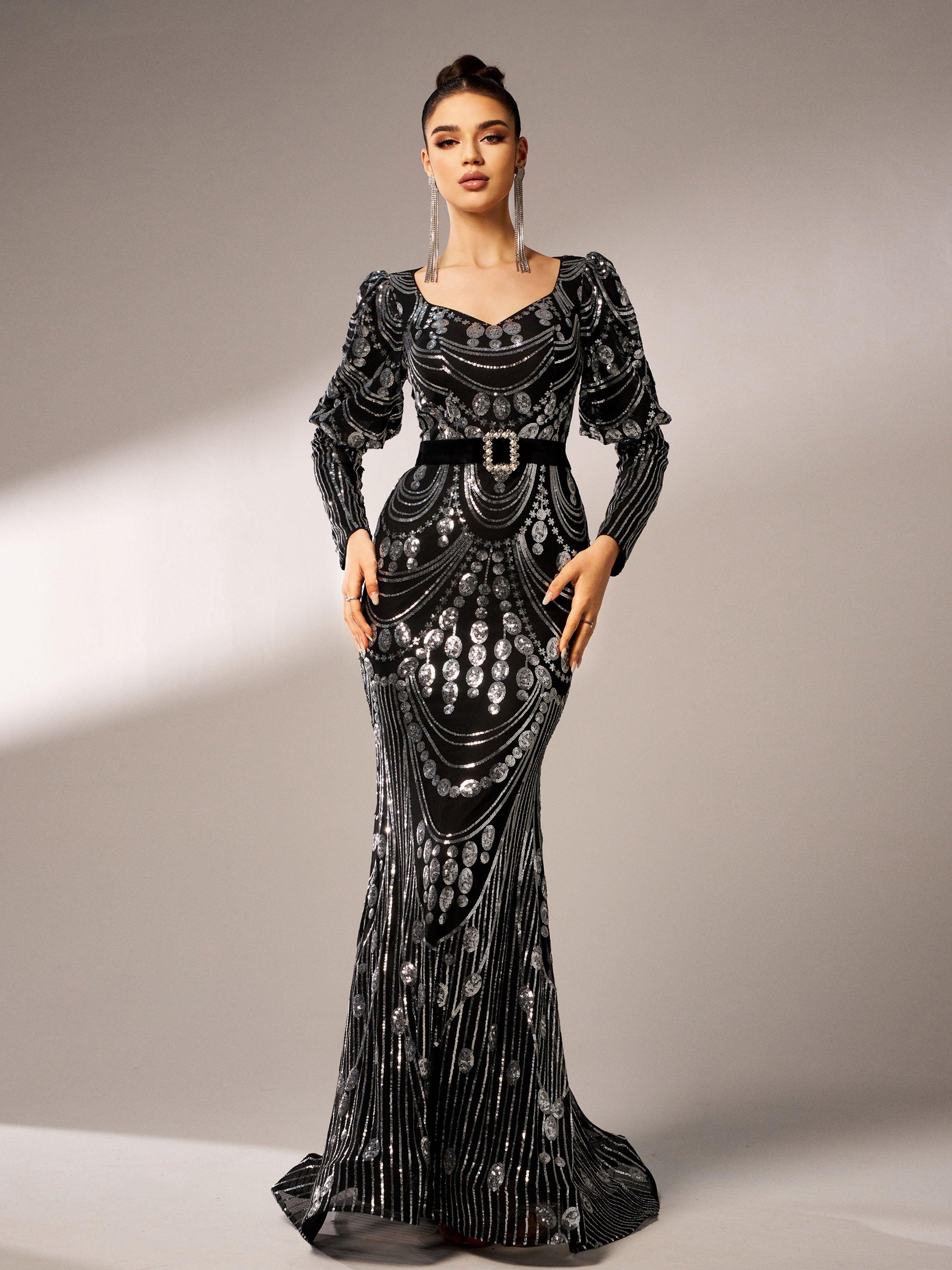 Black Long Sleeve Sequin V-neck Sress