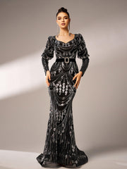 Black Long Sleeve Sequin V-neck Sress