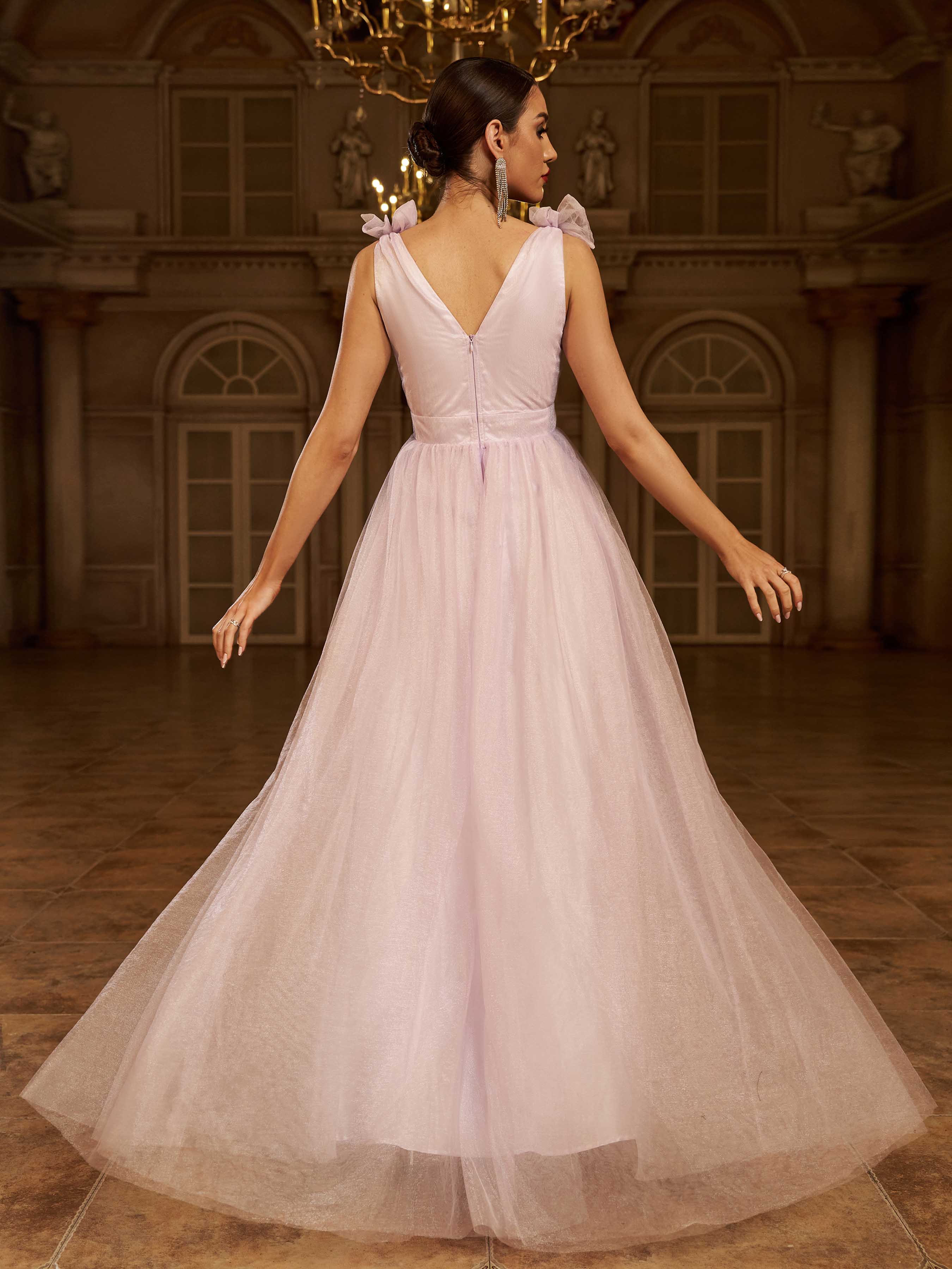 Elegant Pink Tulle Bow Shoulder Plunging V-Neck A-Line Evening Gown