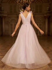 Elegant Pink Tulle Bow Shoulder Plunging V-Neck A-Line Evening Gown