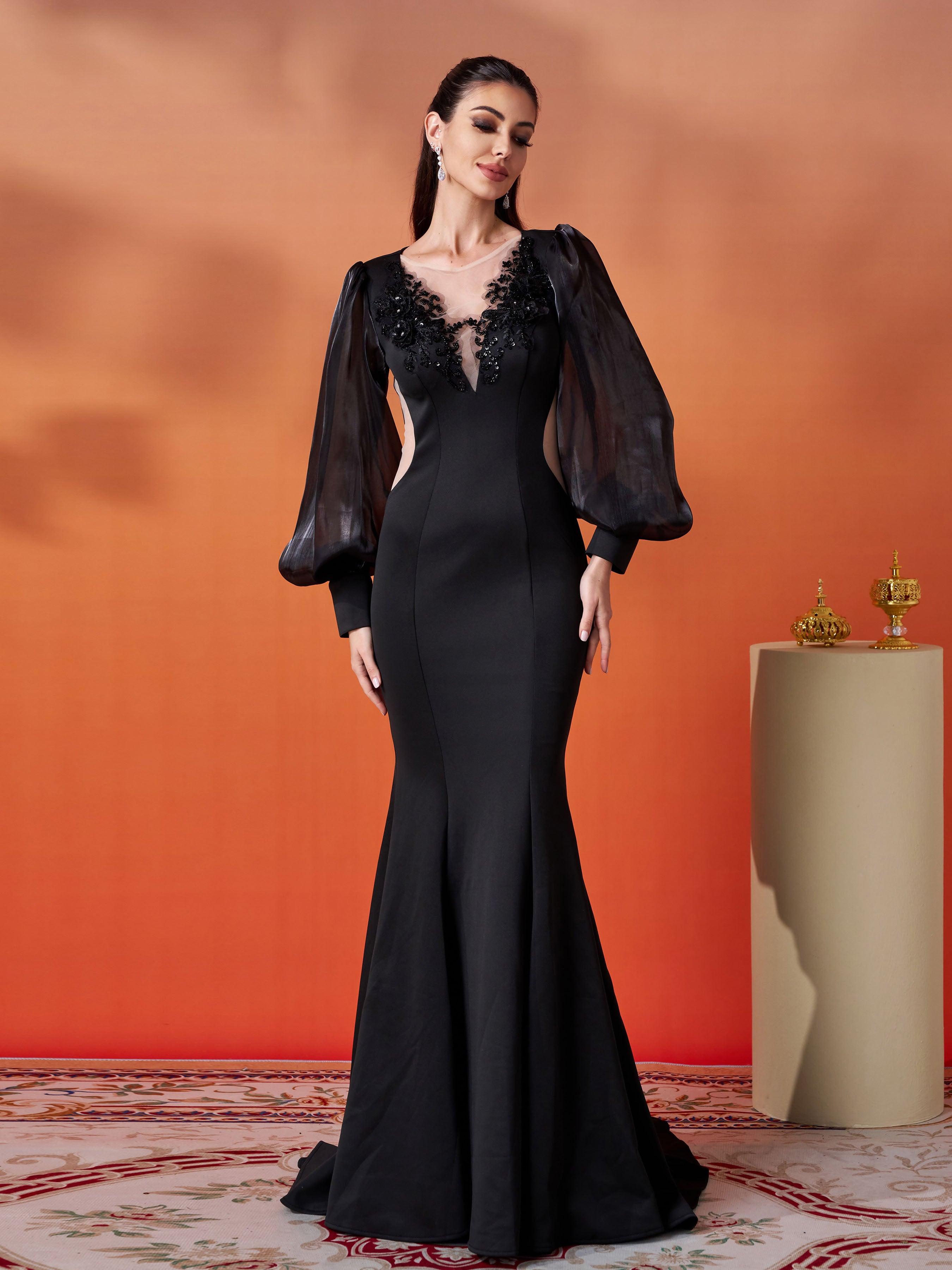 Black Embroidery Floor Length Puff Sleeve Dress