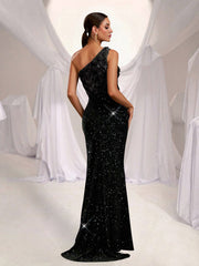Black Floral Panel One Shoulder Cocktail Dress SL30014
