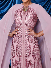 Metallic Embellished Collar Cape Sleeve Dress