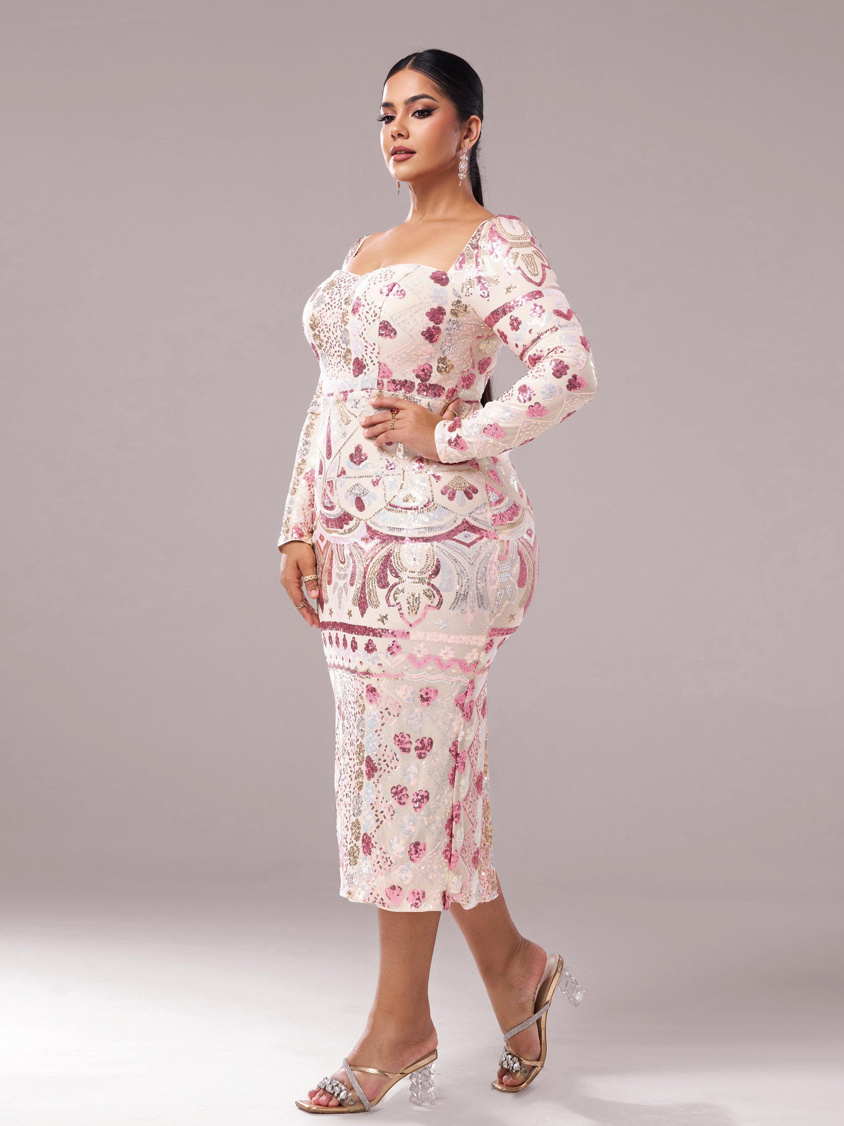 Plus Square Neck Sequin Split Midi Dress