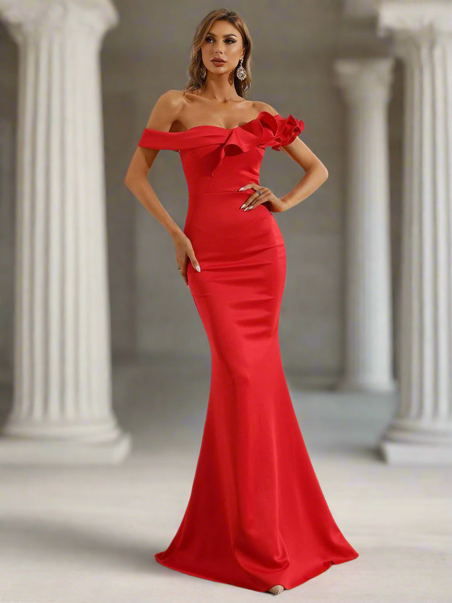 Elegant One-Shoulder Ruffle Mermaid Evening Gown