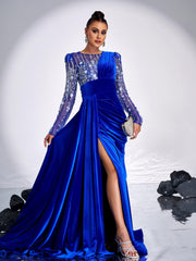 Floral Beaded Pleated Floor Length Velvet Gown