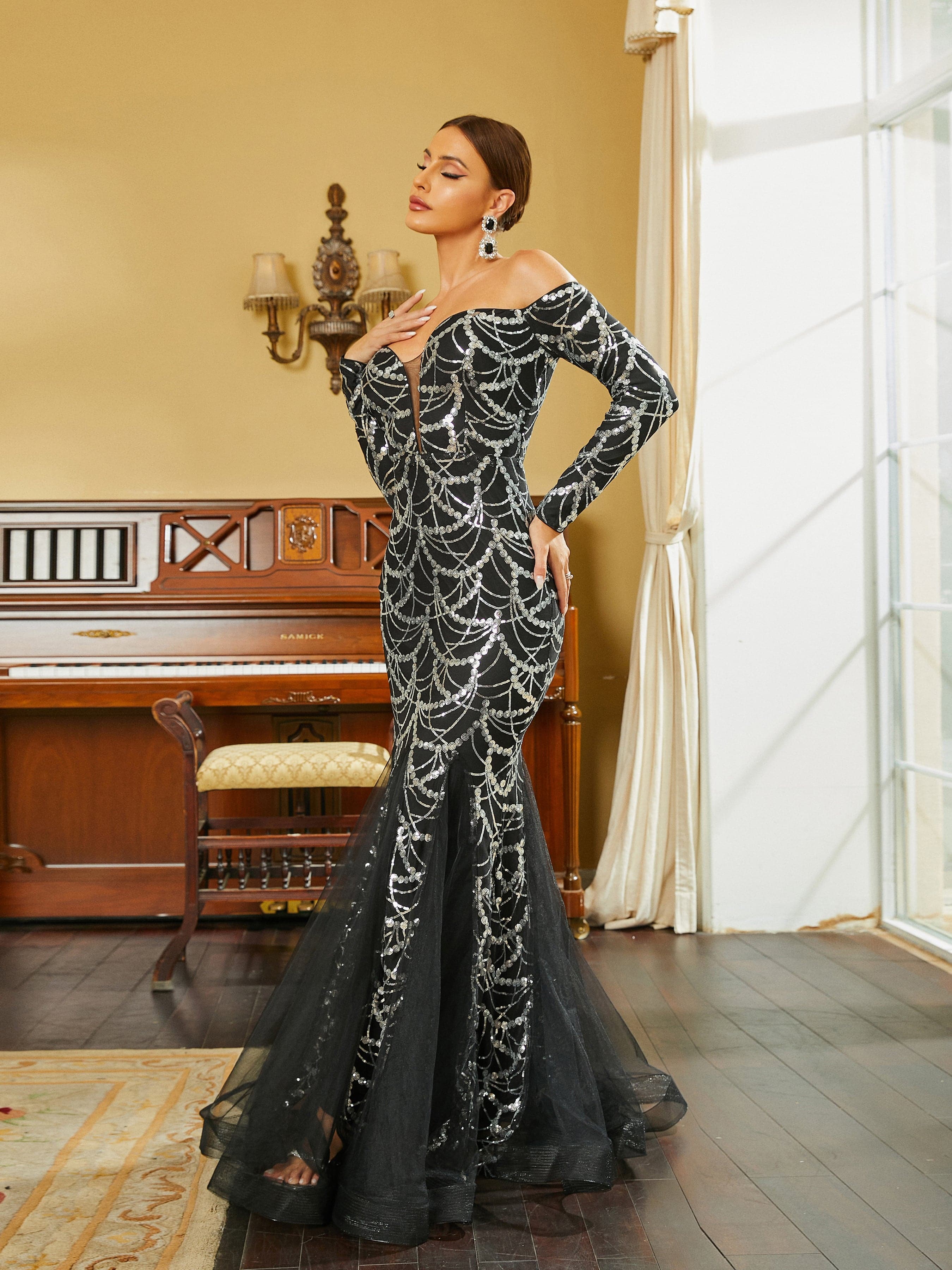 Off Shoulder Long Sleeve Mermaid Hem Sequin Wedding Dress