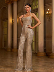 Spaghetti Strap Sleeveless Sequin Apricot Prom Jumpsuits RA60038