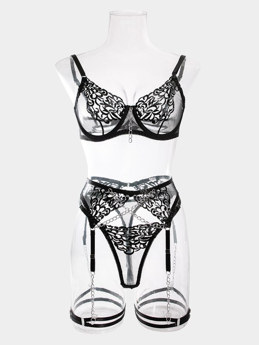 Metal Chain Embroidered Sexy Lingerie 4 Piece Set
