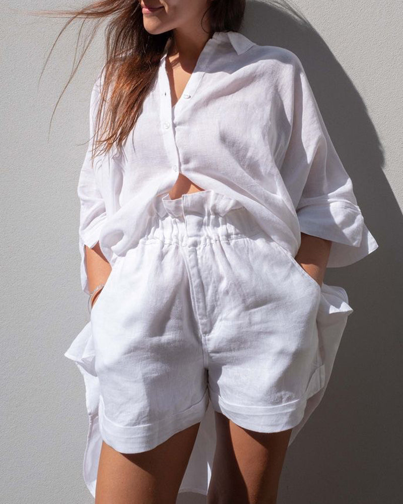 Button-up Shirts Tops Shorts Set