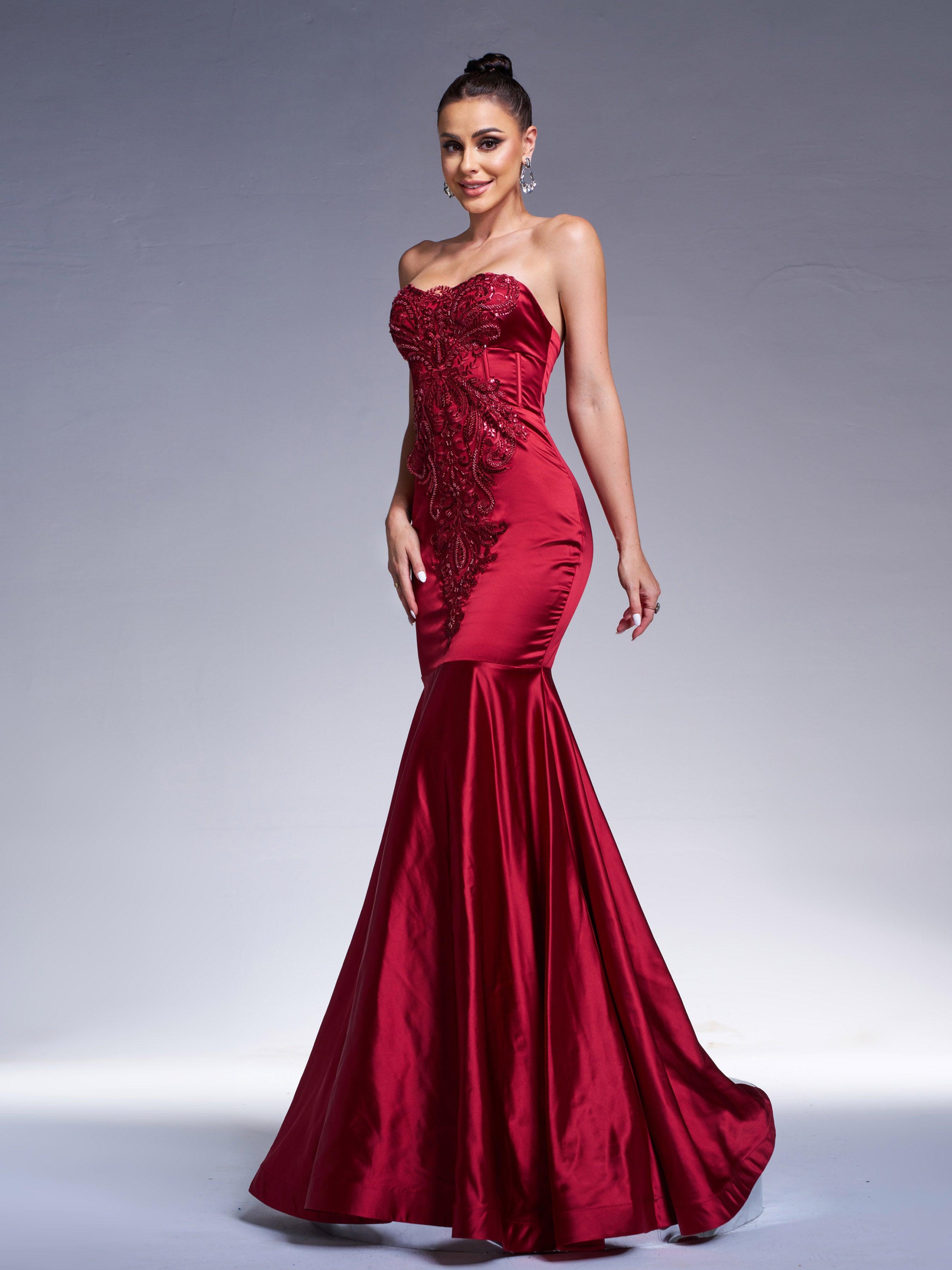 Red Strapless Embroidered Mermaid Evening Dress