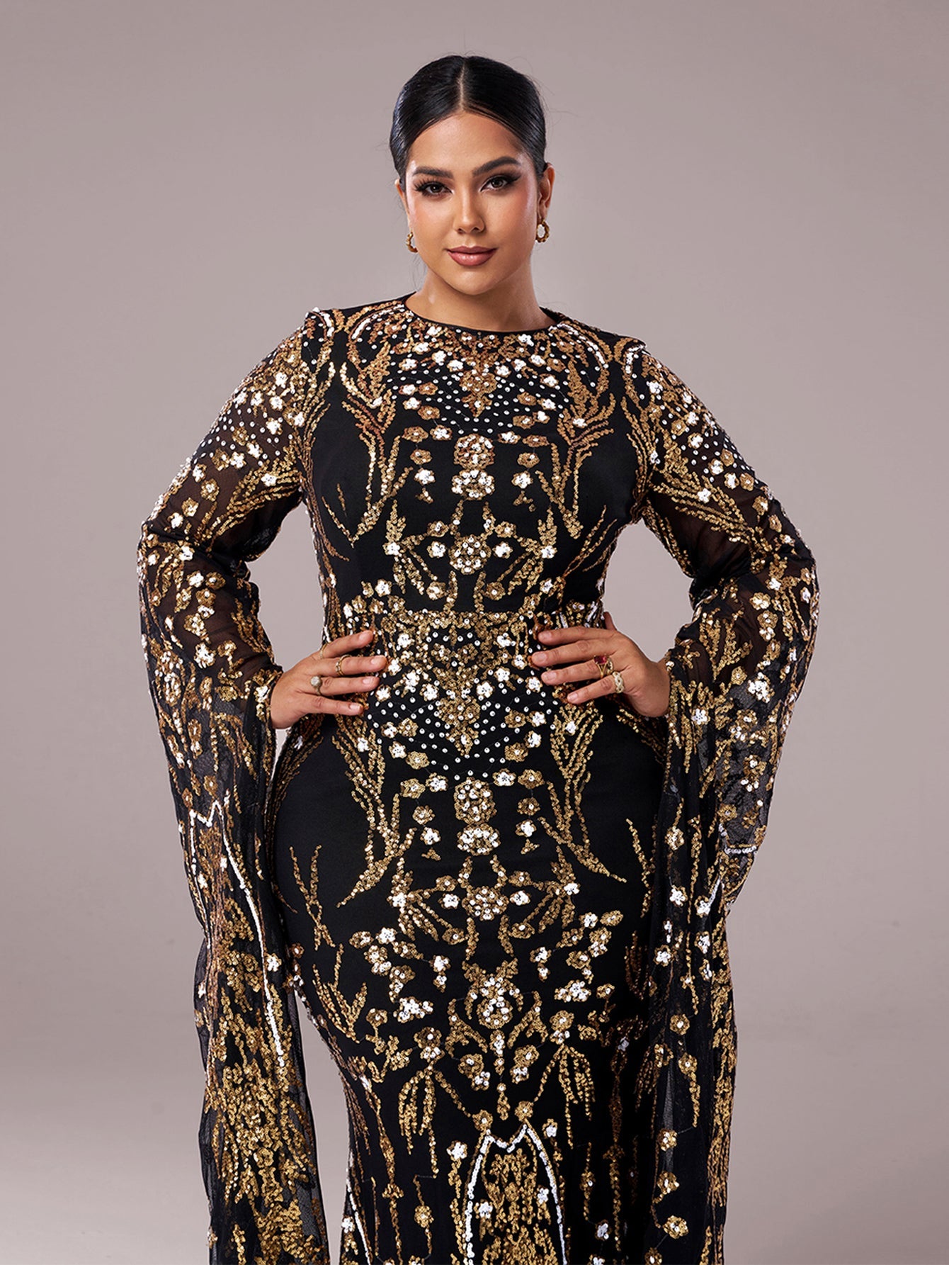 Plus Long Sleeve Mermaid Sequin Maxi Dress