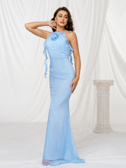 Halter Appliqued Mermaid Blue Tulle Dress