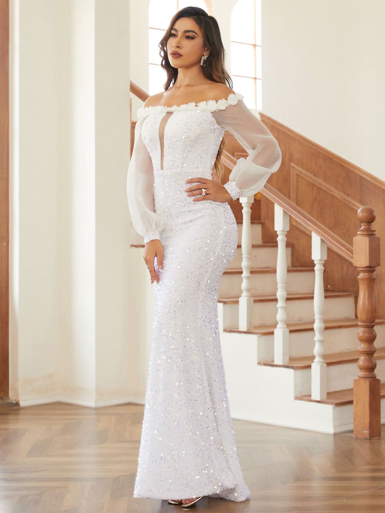 Puff Sleeves Strapless Evening Dress