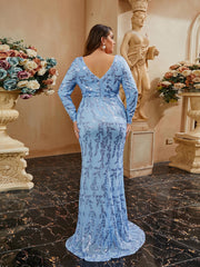 Plus size V-Neck Backless Mermaid Split Long Sleeve Prom Dress